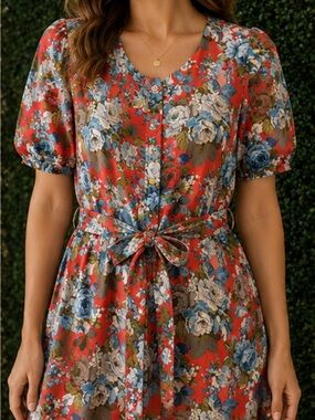 Floral Button-Front Midi Dress with Tie Waist in Coral & Blue# 117
